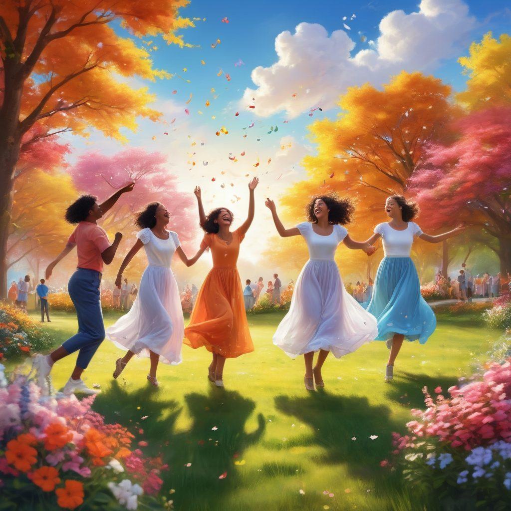 A whimsical scene depicting a diverse group of people joyfully dancing and laughing in an open park, surrounded by vibrant musical notes floating in the air. Bright colors dominate the composition, highlighting their cheerful expressions as they listen to music on their devices. The background features a sunny sky with fluffy clouds and colorful flowers. super-realistic. vibrant colors. playful atmosphere.