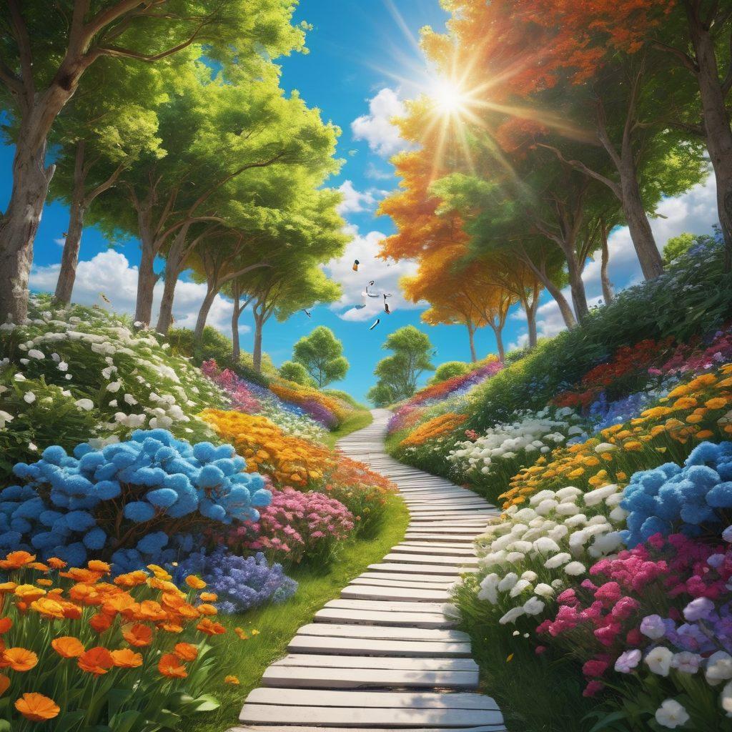A vibrant collage of music notes and colorful sound waves dancing across a sunlit path, leading through a lush landscape filled with flowers and trees. The scene exudes joy and energy, with various icons representing different occasions like celebrations, relaxation, and exercise. A bright blue sky and fluffy clouds enhance the uplifting atmosphere. super-realistic. vibrant colors. 3D.