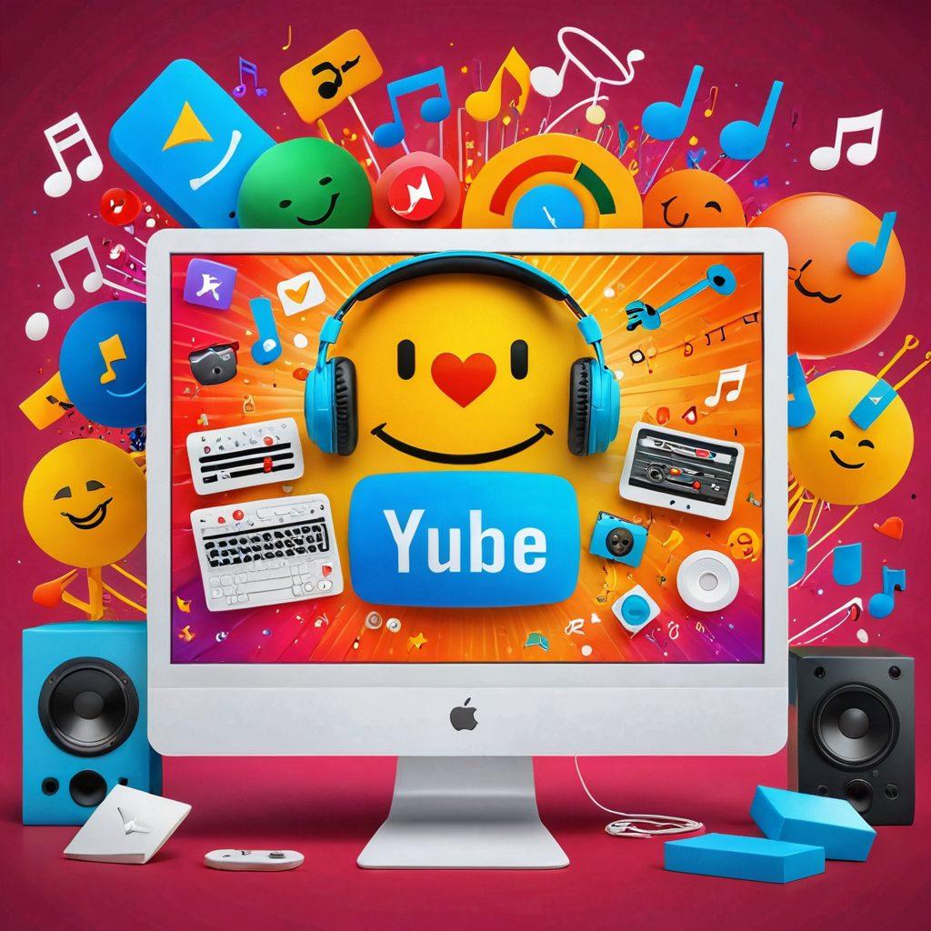 A colorful and vibrant illustration of a computer screen displaying a joyful YouTube Music playlist, surrounded by musical notes and icons representing various genres. In the background, abstract representations of happiness, such as smiling emojis and sun rays, radiate warmth and positivity. Add elements like headphones and a cozy setting to enhance the theme of joyful listening. super-realistic. vibrant colors. 3D.
